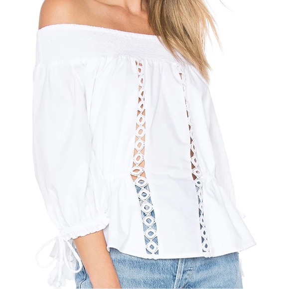 White Tularosa Sansa smocked elastic off the shoulder neckline and eyelet trim - Picture 2 of 13